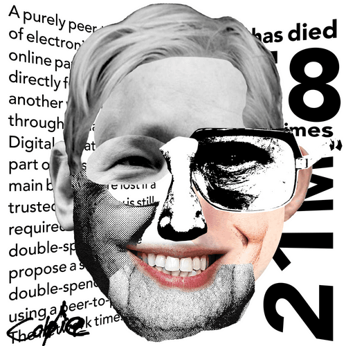 A collage-style illustration combining a halftone black-and-white face with sunglasses, a grayscale photo of a woman smiling, and overlaid text fragments mentioning electronic payments and digital currencies.