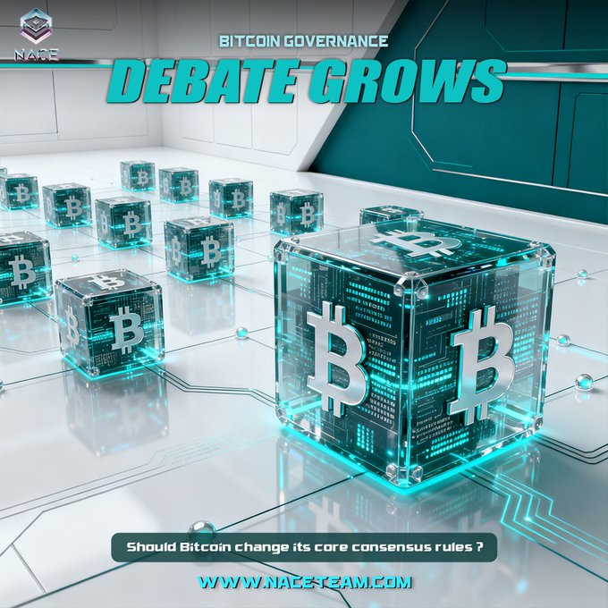 A futuristic digital scene displays multiple glowing translucent cubes featuring the Bitcoin "₿" logo arranged on a reflective surface with circuit-like pathways, under the headline "BITCOIN GOVERNANCE DEBATE GROWS." The accompanying question "Should Bitcoin change its core consensus rules?" along with the NACE logo and website "www.naceteam.com" ties into the post's theme of ongoing debates about Bitcoin's network governance and consensus evolution.