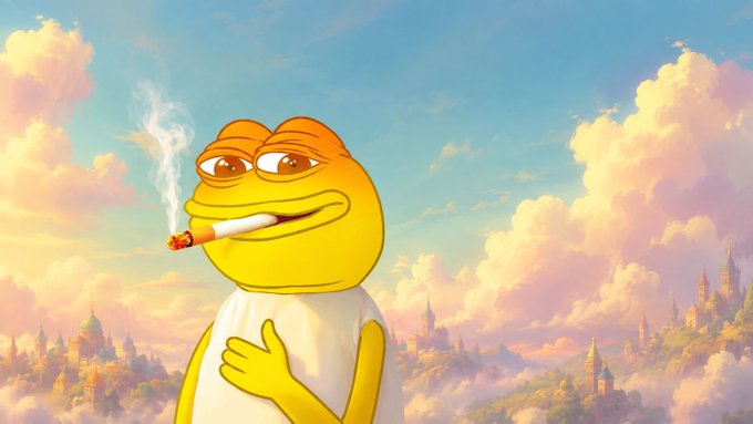 A cartoon frog character smokes a cigarette against a dreamy sky with castle-topped clouds, conveying a weary, resigned mood that mirrors the post's lament over Bitcoin and Ethereum's sudden drop and the broader frustration with falling U.S. stock futures.