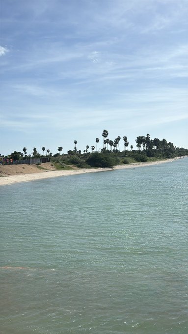 A scenic view of a coastline with a sandy beach, green vegetation, and palm trees alongside calm blue-green water under a partly cloudy sky.