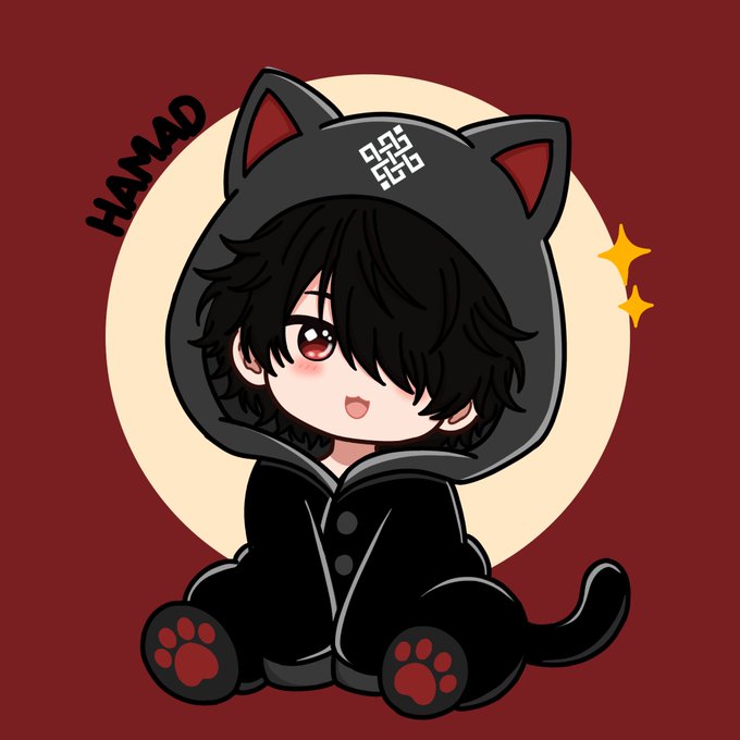 A chibi-style cartoon character with black hair wearing a black cat-ear hoodie with paw prints, sitting against a maroon background with the name 'HAMAD' written nearby.