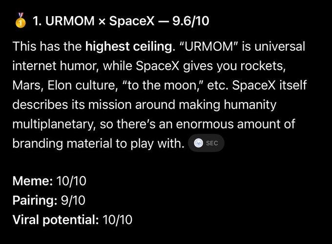 A screenshot from a meme stock rating list ranks "$URMOM × SpaceX" as the #1 top pick with 9.6/10, praising its "highest ceiling" due to SpaceX's extensive branding potential around rockets, Mars, Elon Musk culture, and making humanity multiplanetary, while scoring it 10/10 on Meme and Viral Potential. The image aligns with the post's excitement about pairing the timeless "urmom" joke with SpaceX tokenized stocks as a high-potential meme investment.