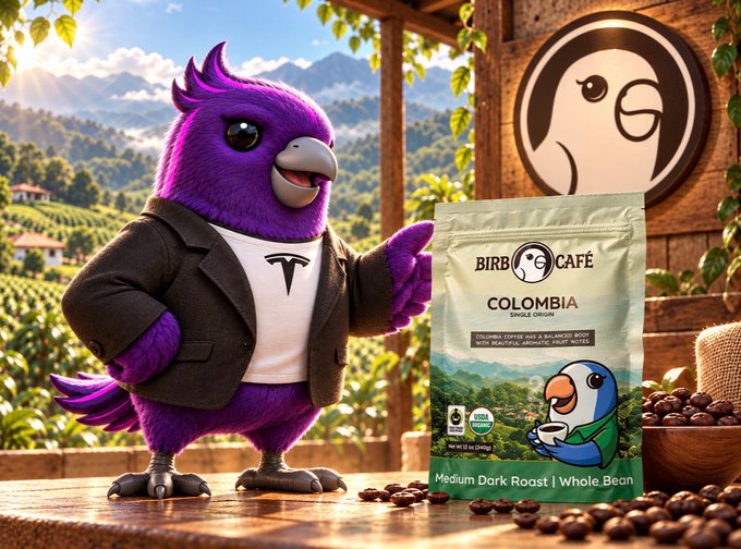 A 3D-rendered purple bird mascot wearing a dark blazer and a Tesla logo t-shirt stands next to a bag of 'BIRB CAFÉ Colombia Whole Bean' coffee, with a logo and coffee beans displayed on a wooden counter with a lush green landscape in the background.
