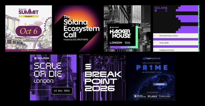 A collage of seven Solana event promotional posters, including "Solana Summit SG Singapore" (Oct 6), "The Solana Ecosystem Call," "Hacker House London," "Solana Intelligence Summit" (15 Nov 2026, Bancroft House), "Scale or Die London" (14 Nov 2026), "Breakpoint 2026," and "Pr1me London" (16 November 2026), illustrating the countdown to upcoming Solana ecosystem events.