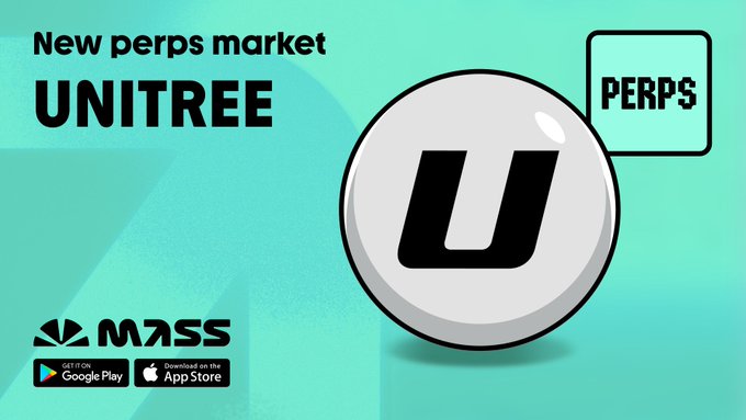 A promotional graphic featuring a large white "U" coin against a teal background announces the launch of the "$UNITREE" pre-IPO perpetual market on Mass, with Google Play and App Store download badges and a "PERPS" tag. The image illustrates the post's announcement of trading the market-implied price of Unitree A-shares ahead of the company's Shanghai STAR Market listing.