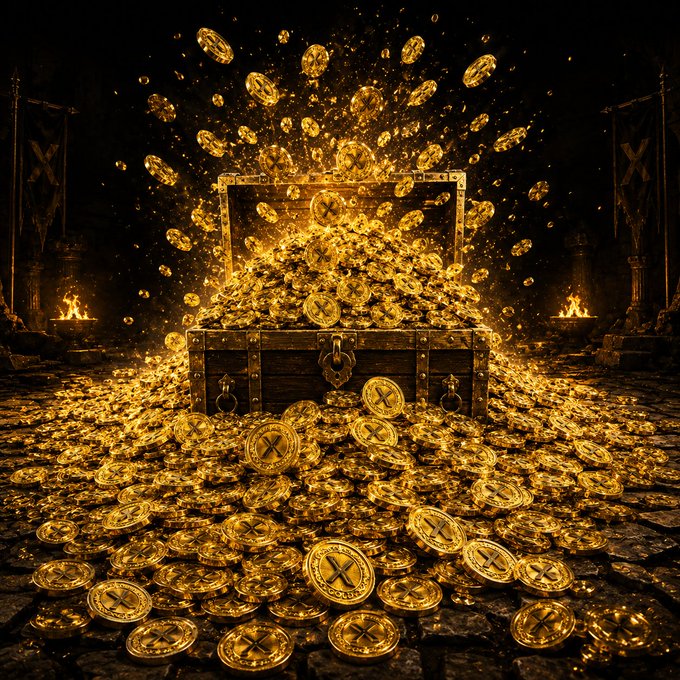 An open wooden treasure chest sits in a dark, torch-lit chamber, overflowing with countless gold coins that burst upward and scatter across the stone floor.