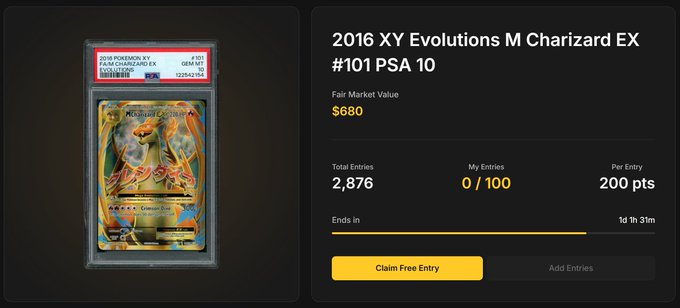 A screenshot of a PSA 10 graded 2016 XY Evolutions M Charizard EX #101 Pokémon card with a fair market value of $680, showing 2,876 total entries for a giveaway.