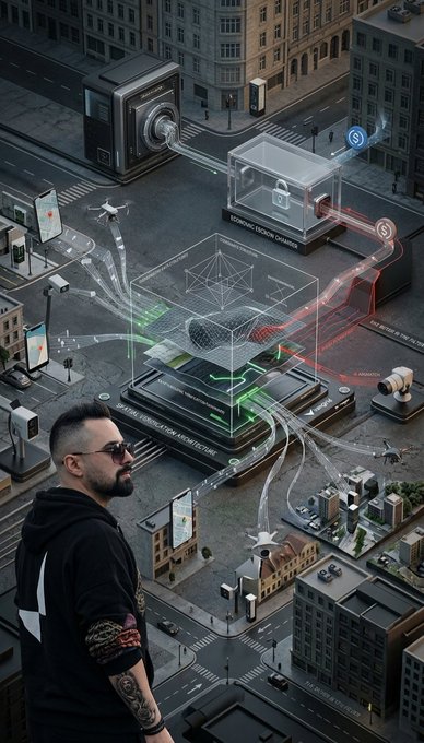 A digital concept art piece showing a bearded man with sunglasses in the foreground, overlooking an isometric futuristic city with holographic interfaces, drones, and floating digital elements.