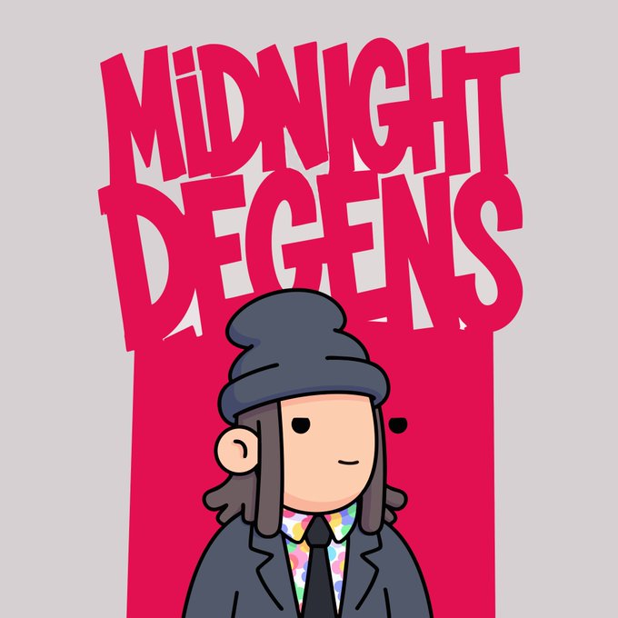 An illustration with bold red text reading 'MIDNIGHT DECENS' featuring a cartoon character with long brown hair wearing a black beanie, dark jacket, tie, and a colorful patterned shirt.
