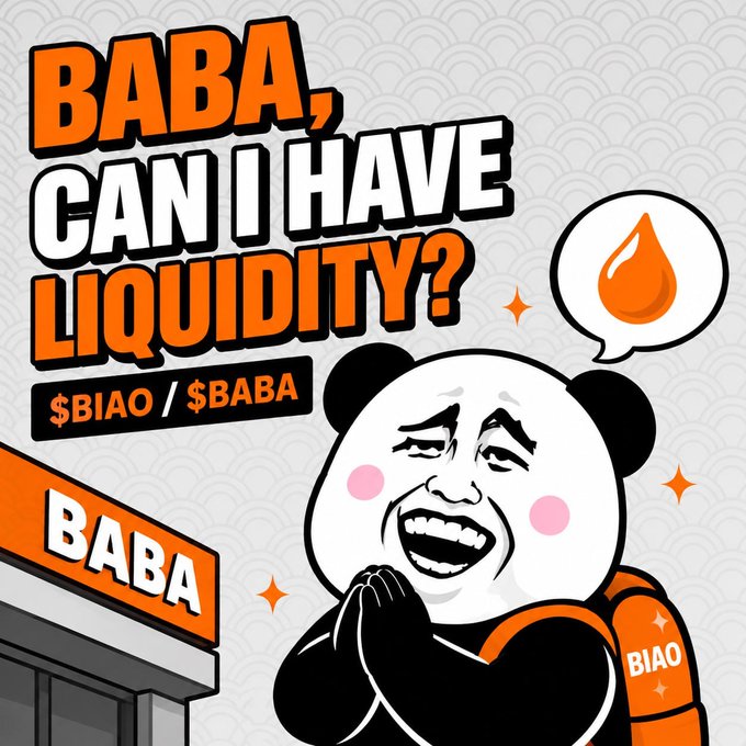 A meme featuring a panda character with a crying-begging expression saying 'BABA, CAN I HAVE LIQUIDITY?' referencing the $BIAO/$BABA token, with a BABA storefront in the background.