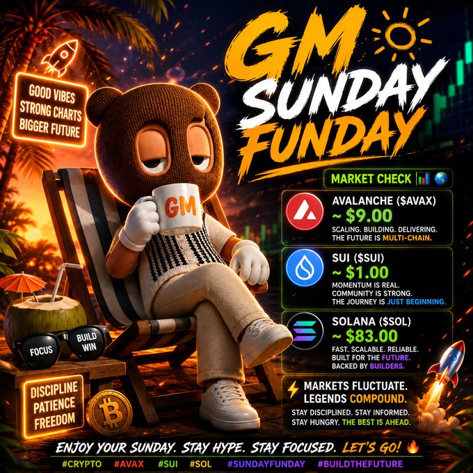 The image features a cartoon bear sitting in a chair with a cup of coffee in its lap while wearing a knit hat. The background shows a beach scene with palm trees and a sunset. The caption for the image reads "GM Sunday Fun Day" and includes a list of cryptocurrency names, such as Avalanche, Sui, and Solana.