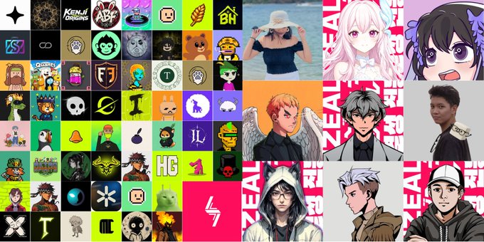 A collage of various digital art pieces, avatars, and pixel characters is displayed, including logos for 'KENJI ORIGINS', 'ABCD', 'GH', and the word 'REAL' repeated on a pink background.