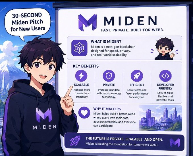 The image features a cartoon boy wearing a hoodie with the word "Maiden" written across his chest. He is standing next to a poster or sign that explains the concept of Miden, which is an open-source blockchain platform for building web applications. The poster includes various illustrations and descriptions related to the Miden platform's features and benefits.