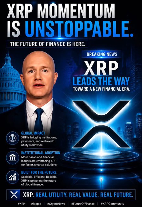 Crypto promotional graphic headlined 'XRP MOMENTUM IS UNSTOPPABLE' featuring a man in a suit, the XRP logo, and bullet points about global impact, institutional adoption, and being built for the future.