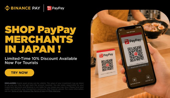 A promotional banner for Binance Pay and PayPay advertising 'SHOP PayPay MERCHANTS IN JAPAN!' with a limited-time 10% discount available for tourists, featuring an image of a smartphone scanning a PayPay QR code.