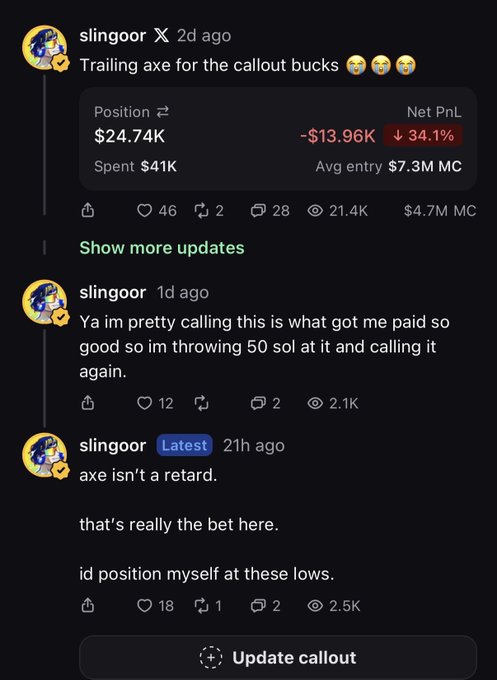 A screenshot of social media posts by user "slingoor" discussing "axe" and a position with $24.74K spent $41K, showing a net P&L of -$13.96K (-34.1%) and average entry at $7.3M MC. The posts reference calling "axe" and claiming confidence in it, with mentions of throwing "50 sol" at the position.