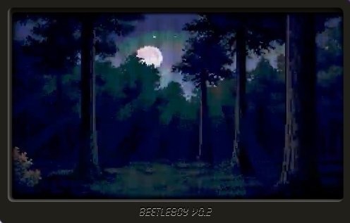 A pixel art scene of a dark forest at night with a full moon shining through the trees, labeled 'BEETLEBOY V0.2' at the bottom.