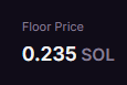 The image displays a "Floor Price" of "0.235 SOL," which the post references as the current trading floor for a previously free mint, highlighting an infinite percentage gain from the initial zero cost.