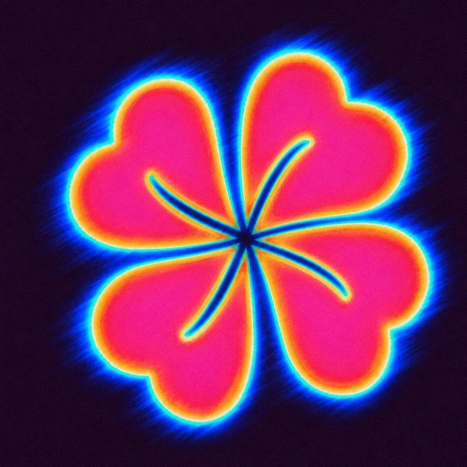 A vibrant neon-style graphic of a four-leaf clover in glowing pink and orange with blue outlines against a dark background.