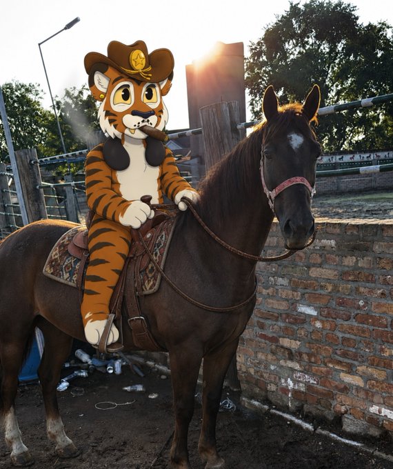 A photograph of a person in a full-body orange and black tiger mascot costume wearing a brown cowboy hat, sitting on a brown horse in what appears to be a stable or outdoor enclosure with a brick wall.