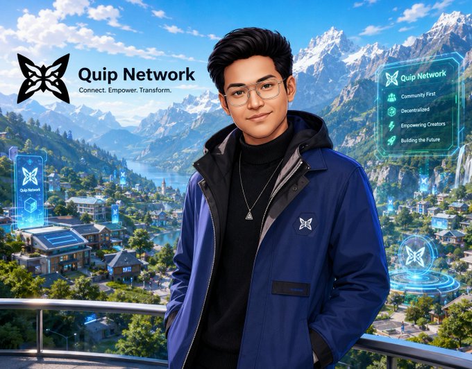 A stylized portrait of a young man with glasses wearing a blue Quip Network branded jacket, standing against a backdrop of mountains and a futuristic town, with the Quip Network logo and values like 'Decentralized' and 'Empowering Creators' displayed.