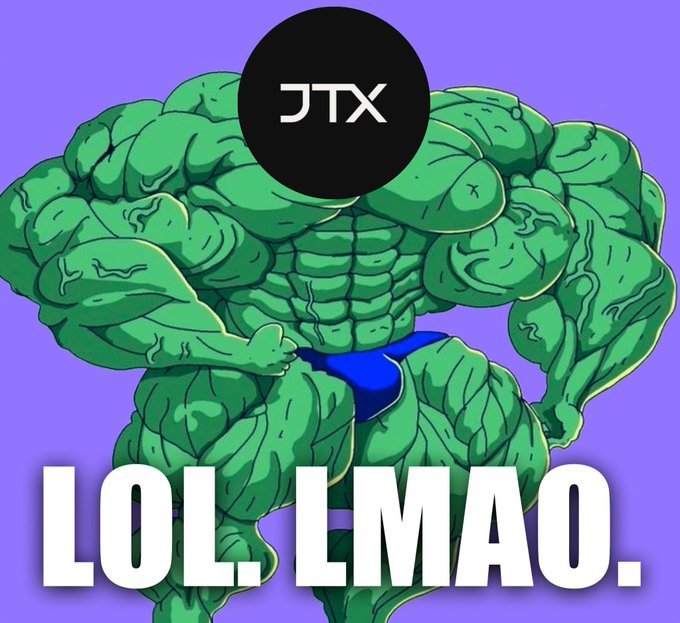 An illustration of a muscular green figure with the 'JTX' logo on its head, set against a purple background with the text 'LOL. LMAO.' at the bottom.