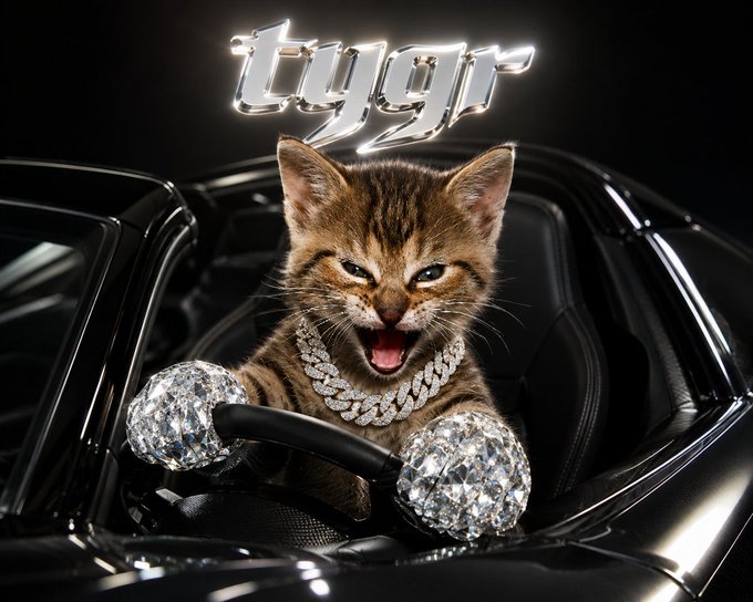 A tabby kitten wearing a diamond necklace, driving a black car with diamond-covered hands and an angry expression, with the word 'tygr' in chrome text above.