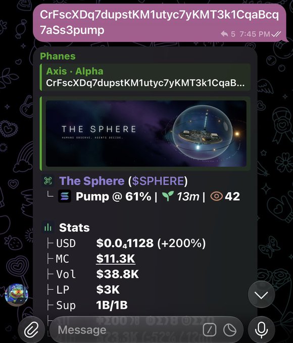 Telegram chatbot interface displaying crypto token stats for 'The Sphere ($SPHERE)' with an Axis Alpha contract address, showing Pump @ 61%, USD $0.01128 (+200%), and MC $11.3K.
