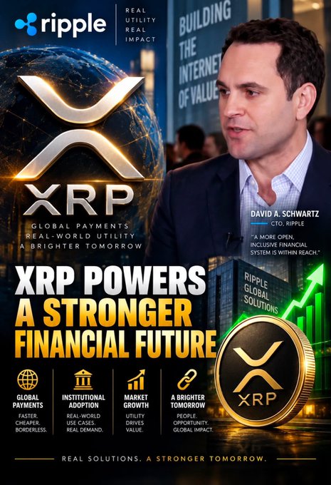 A promotional poster for Ripple (XRP) featuring CTO David A. Schwartz, with text including "ripple", "REAL UTILITY REAL IMPACT", "XRP POWERS A STRONGER FINANCIAL FUTURE", and an image of an XRP coin.