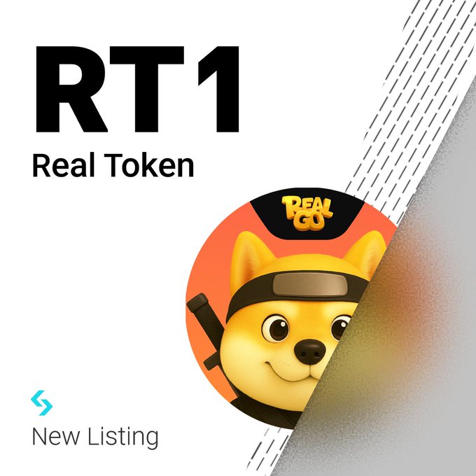 A promotional graphic for the cryptocurrency token RT1 reads “Real Token” and “New Listing,” with the yellow RealGo dog mascot inside an orange circle.