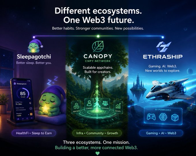 A promotional graphic titled 'Different ecosystems. One Web3 future' showcasing three projects: Sleepagotchi ('HealthFi • Sleep to Earn'), Canopy CNPY Network ('Infra • Community • Growth'), and ETHRASHIP ('Gaming • AI • Web3').