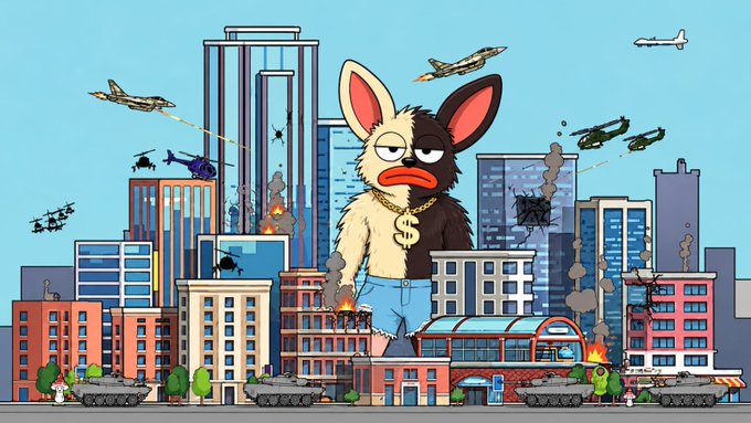 A cartoon illustration of a large Furby-like creature wearing a gold dollar-sign chain standing in a war-torn city with tanks, jets, and helicopters.