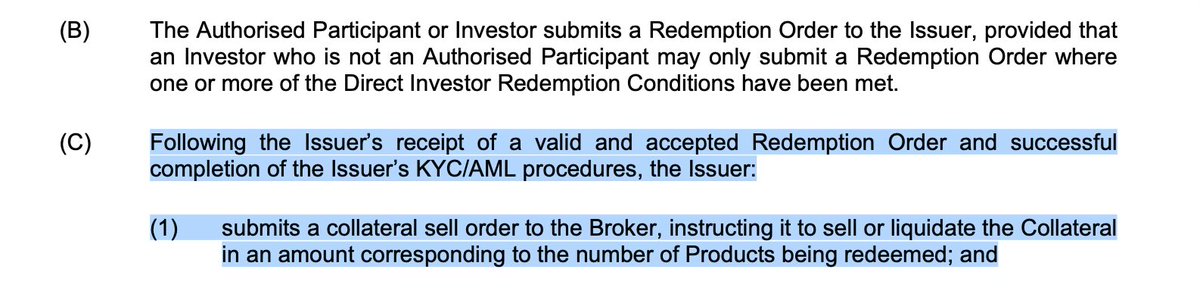 Legal document excerpt showing clauses (B) and (C) about Redemption Orders, with highlighted text stating that following receipt of a valid Redemption Order and completion of KYC/AML procedures, the Issuer submits a collateral sell order to the Broker.