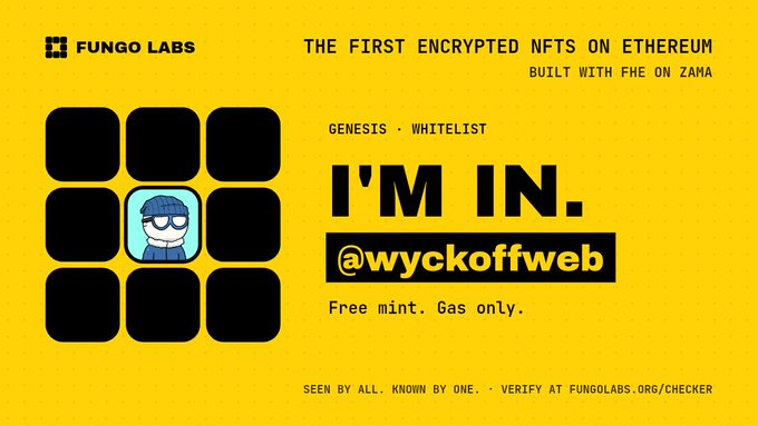 A bright yellow promotional graphic from Fungo Labs announces "THE FIRST ENCRYPTED NFTS ON ETHEREUM BUILT WITH FHE ON ZAMA," featuring a 3x3 grid of rounded icons (center one highlighted with a cartoon character) alongside bold text reading "I'M IN. @wyckoffweb" and "GENESIS · WHITELIST," with the note "Free mint. Gas only." The image visually confirms the whitelisting of @wyckoffweb for Fungo Labs' pioneering encrypted NFT drop.