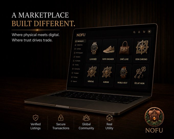 A dark-themed promotional image for 'NOFU' marketplace with the tagline 'A MARKETPLACE BUILT DIFFERENT. Where physical meets digital. Where trust drives trade.', showcasing luxury items like watches and sneakers, with icons for 'Verified Listings, Secure Transactions, Global Community, Real Utility'.