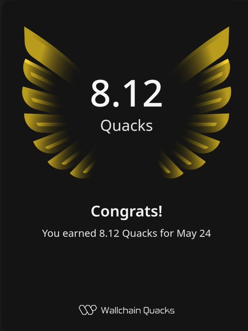 urn of gold and black feathers, with a number "8.12" and "Quacks" text, celebrating 8.12 Quacks earned for May 24th.