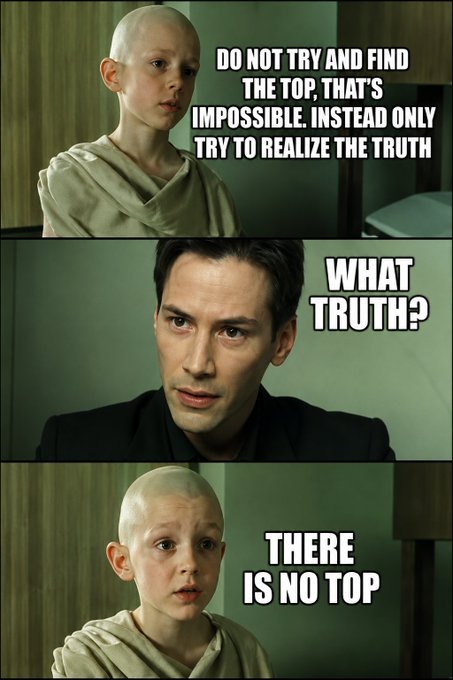 A meme from "The Matrix" shows the boy stating "Do not try and find the top... try to realize the truth," followed by Neo asking "What truth?" and the boy concluding "There is no top." This illustrates that the truth is often not a tangible thing to be found, but a realization of what already exists.