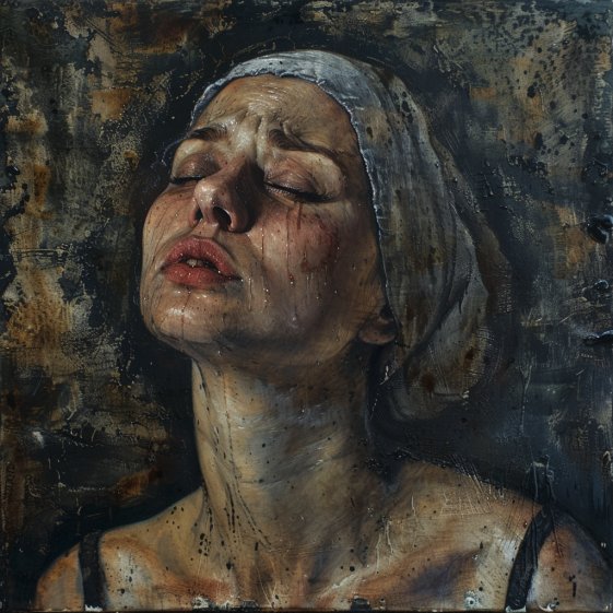 An expressive oil painting portrait of a woman with closed eyes, wearing a hood, rendered in dark, textured tones with visible paint splatters.