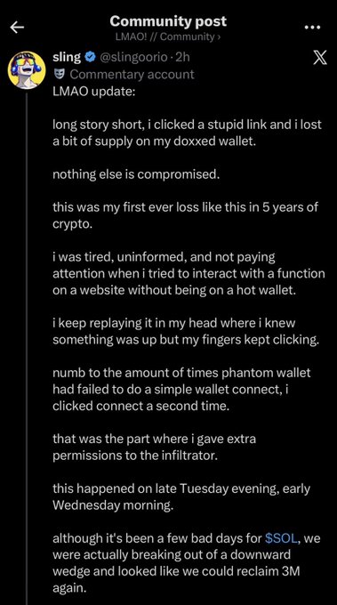 A community post by Sling (@slingoorio) addressing the $LMAO community about a recent wallet compromise, where he explains he accidentally clicked a malicious link and lost a "bit of supply" from his doxxed wallet, marking his first crypto loss in 5 years. The accompanying caption suggests skepticism, implying the developer's story about only losing a small amount after clicking a bad link is suspicious and may be a cover to dump his token holdings on the community.