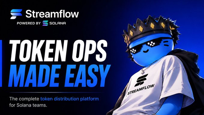 A promotional banner for Streamflow, a Solana-powered token distribution platform, featuring their blue mascot character wearing a crown and pixelated sunglasses alongside the tagline "Token Ops Made Easy" and the subtitle "The complete token distribution platform for Solana teams." The ad directly illustrates the post's message about Solana teams facing complex token operations like investor vesting, contributor payroll, and airdrops by positioning Streamflow as the streamlined solution for managing these ongoing infrastructure needs.