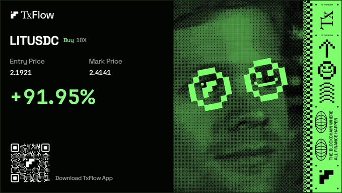 A promotional graphic for TxFlow displays a LITUSDC trade with a 10X buy position showing +91.95% gain, alongside a green-tinted face with pixelated "OK" symbols over the eyes—visually playing on the word "Lighter" by highlighting lighter imagery of eyes that are OK/light enough to see.
