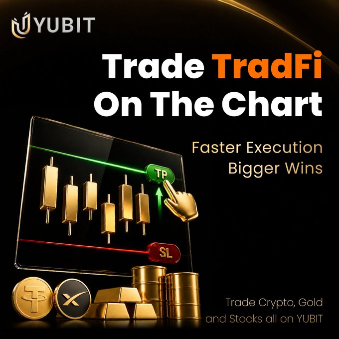A YUBIT advertisement promoting 'Trade TradFi On The Chart' with claims of 'Faster Execution, Bigger Wins', showing candlestick charts and gold bars with crypto and gold trading available.