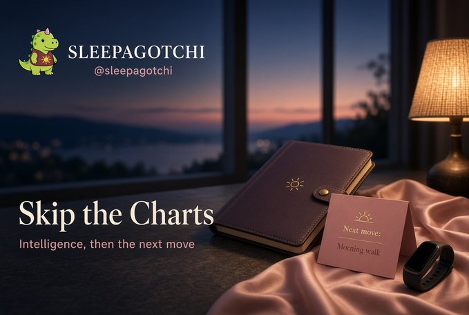 A promotional banner for 'SLEEPAGOTCHI @sleepagotchi' featuring the tagline 'Skip the Charts - Intelligence, then the next move,' with a journal displaying 'Next move: Morning walk' on a silk cloth beside a window.