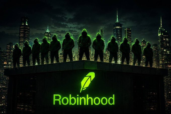 A row of shadowy hooded figures stands atop a building overlooking a dark city skyline, with the glowing green "Robinhood" logo (featuring the feather icon) displayed prominently below them—visually representing the post's phrase "Jeets out hoodies in," suggesting hooded retail traders staking their claim on the platform.