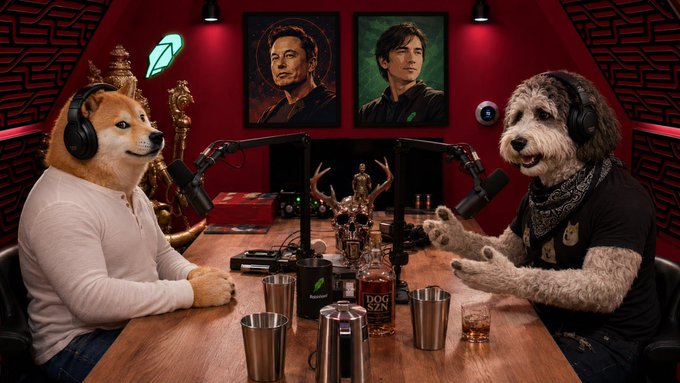 The image shows the Doge and Shiba Inu meme characters seated at a podcast studio with microphones, with portraits of Elon Musk hanging on the red wall behind them. A bottle labeled "DOGE" sits on the table between them, and their headphones and bandanas suggest they're ready to record. This matches the post's humorous scenario of the iconic dog memes launching their own podcast with Musk's portraits approving in the background.