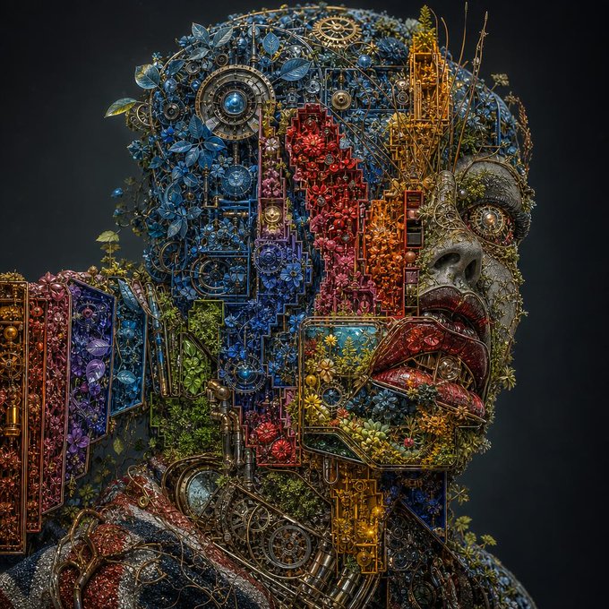 An intricate, surreal portrait of a head and shoulders constructed from mechanical gears, clockwork, flowers, and plant life in vibrant multicolored hues against a black background.