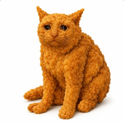 A textured orange yarn sculpture of a seated cat. The post tags "$CASHCAT" and "$TENDIES" pair perfectly with the chunky, money-colored feline, evoking a playful "crypto cat" mascot vibe with its warm, gold-like hue resembling cash or "tendies."