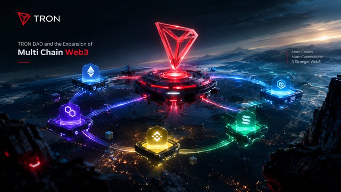 A promotional graphic for TRON displaying the logo and text 'TRON DAO and the Expansion of Multi Chain Web3' with 'More Chains, More Connections, A Stronger Web3', featuring a central red TRON symbol connected to colorful blockchain node icons.