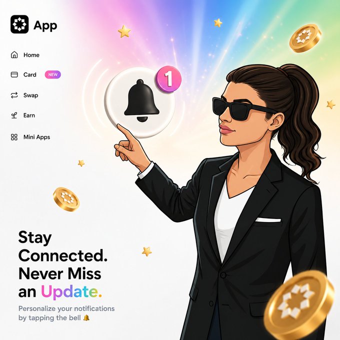 A promotional graphic showing an illustrated woman in sunglasses tapping a notification bell, with text 'Stay Connected. Never Miss an Update' and an app menu listing Home, Card, Swap, Earn, and Mini Apps.