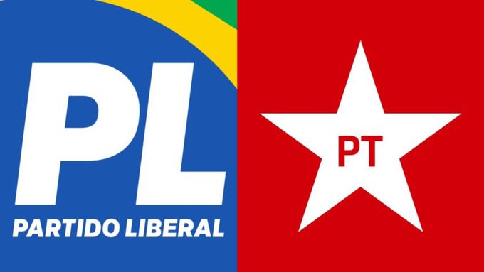 Side-by-side logos of Brazilian political parties: PL (Partido Liberal) in blue/yellow on the left, and PT (Partido dos Trabalhadores) as a white star on red on the right.